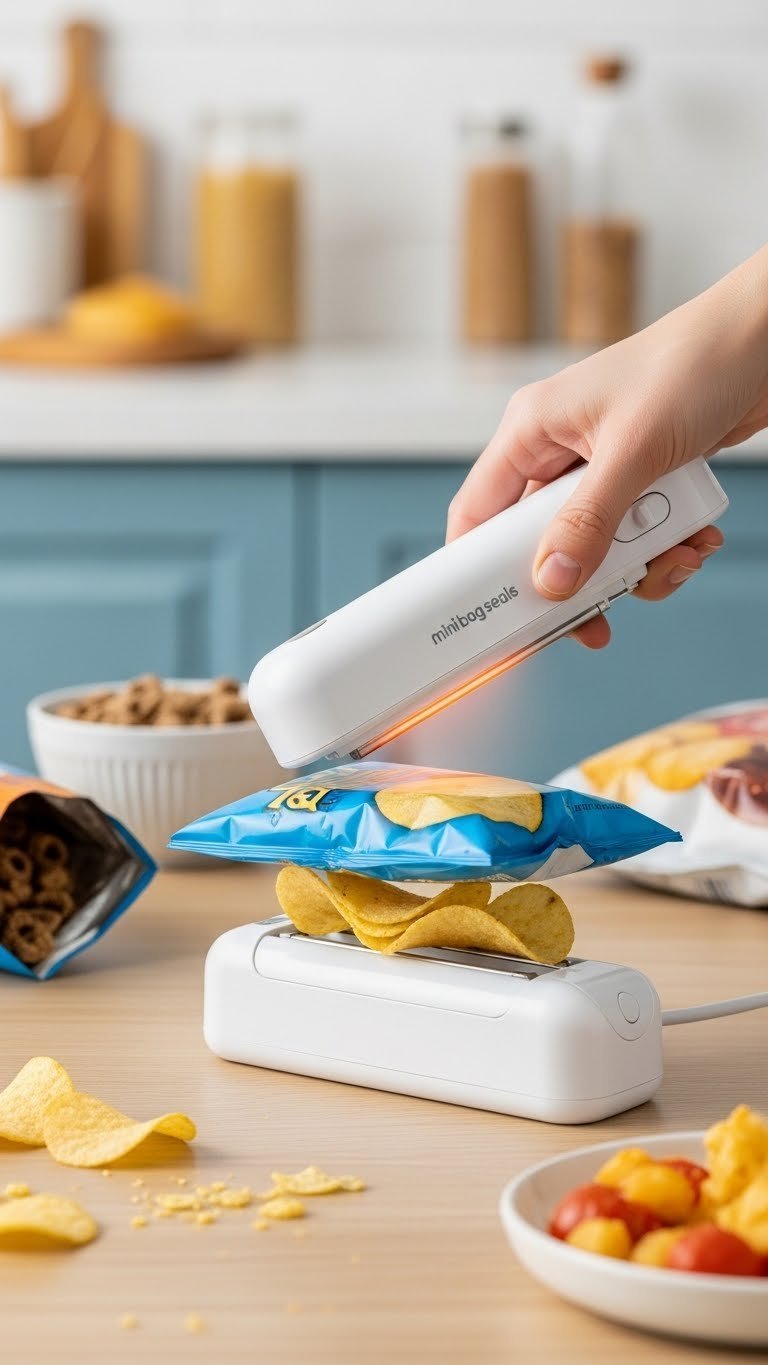 White handheld mini bag sealer creating airtight seal on chip bag with heating element glow