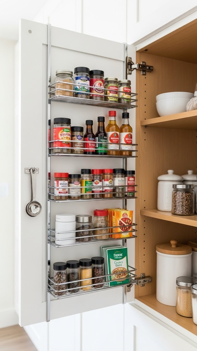 11 Smart Kitchen Cabinet Pantry Ideas For Ultimate Organization 9 White kitchen cabinet door with chrome wire spice racks holding organized jars, extract bottles, and mixes for efficient storage.