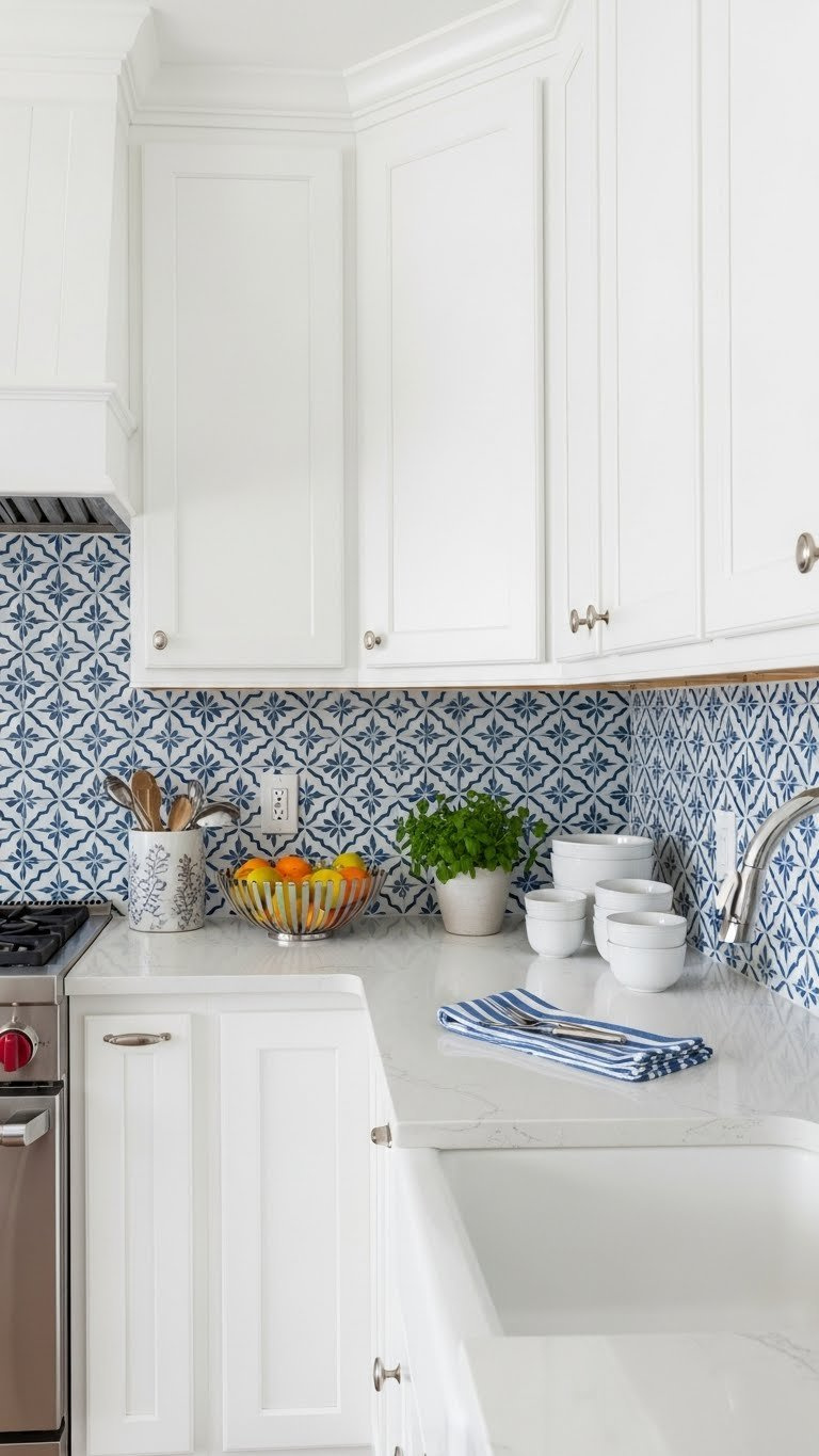 Small Kitchen Ideas: 7 Genius White Cabinet Looks To Warm Up Your Space 3 White kitchen cabinets with blue geometric tile backsplash and quartz countertop featuring silver fruit bowl and herb plant