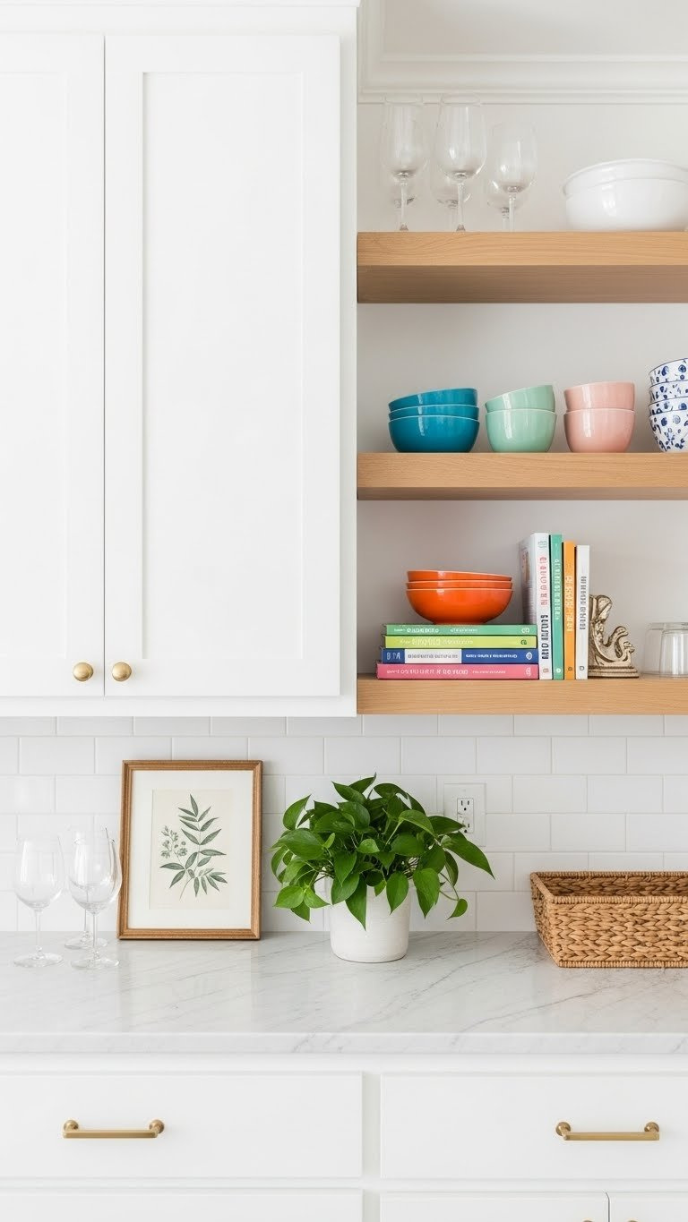 Small Kitchen Ideas: 7 Genius White Cabinet Looks To Warm Up Your Space 9 White kitchen cabinets with open wooden shelving displaying colorful ceramic dishes, cookbooks, and lush green plants
