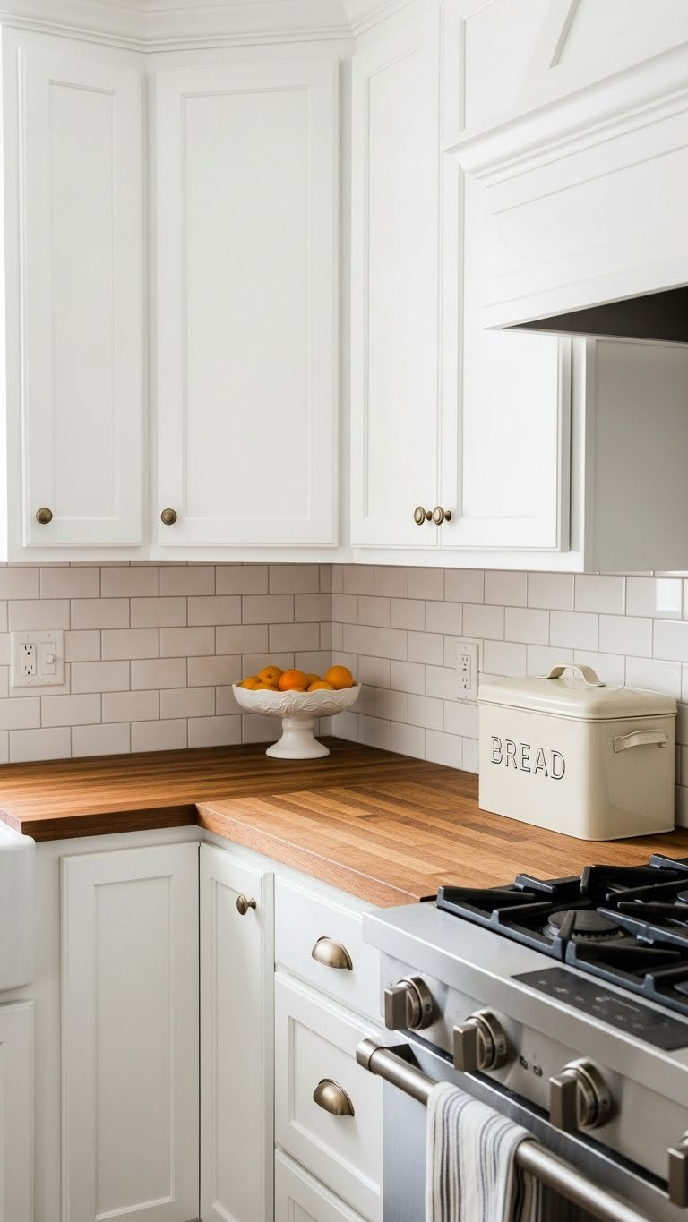 White kitchen cabinets with richly stained butcher block countertops featuring ceramic fruit bowl and vintage bread box.
