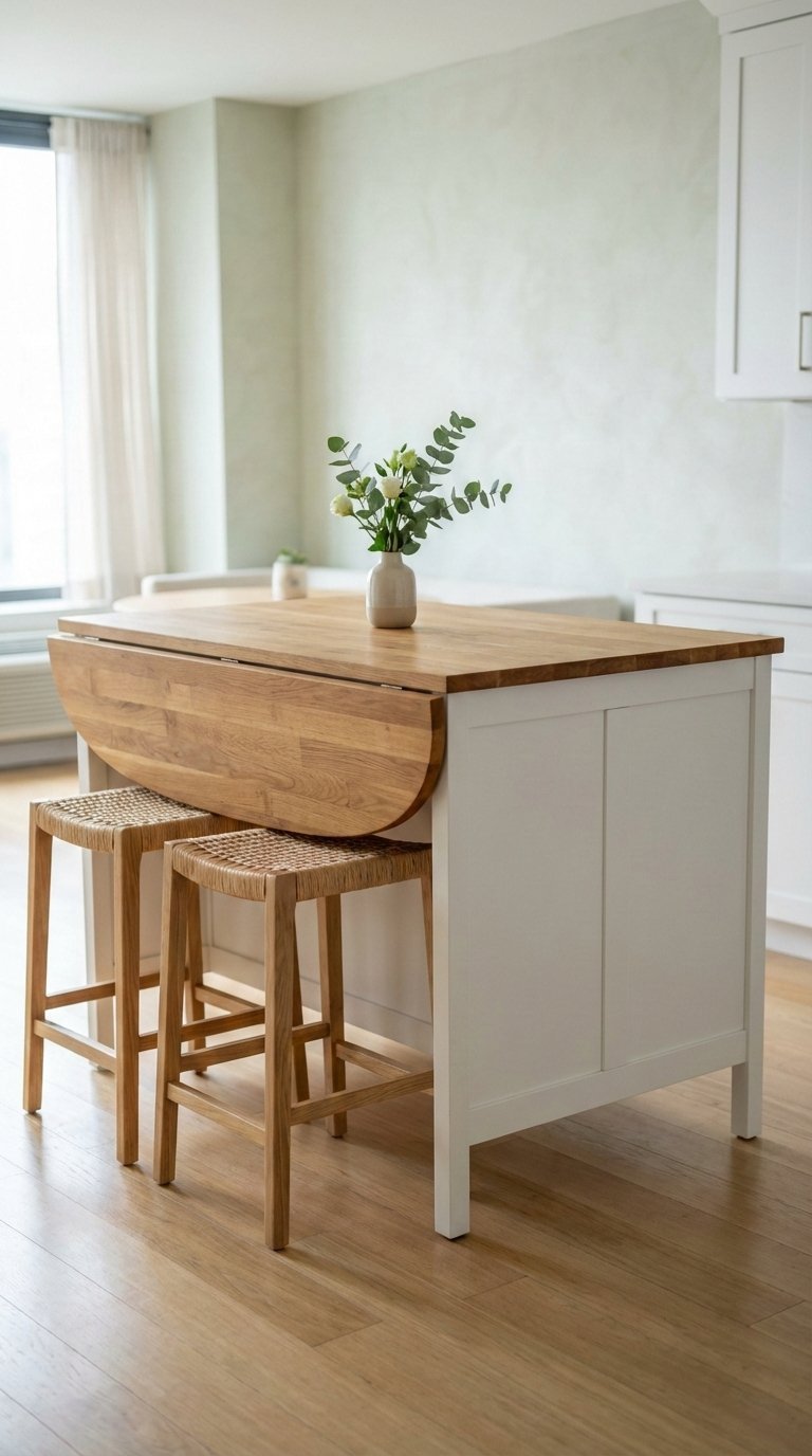 Small Kitchen Island: 7 Proven Ideas To Maximize Space 3 White kitchen island with drop-leaf extension and butcher block top creating seating for two in apartment-friendly small kitchen.