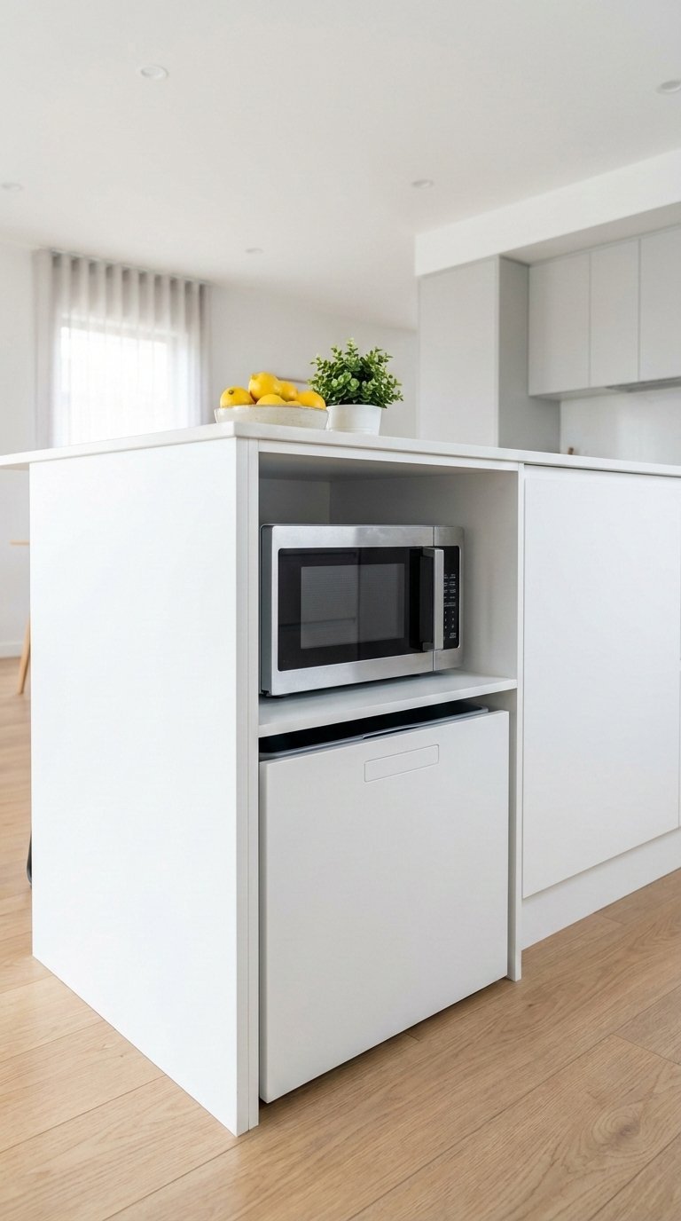 Small Kitchen Island: 7 Proven Ideas To Maximize Space 9 White kitchen island with integrated microwave shelf and trash bin storage in space-saving minimalist kitchen design.