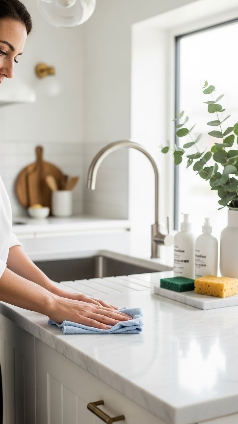 White marble countertop being cleaned with soft cloth and marble-safe products in minimalist Scandinavian kitchen