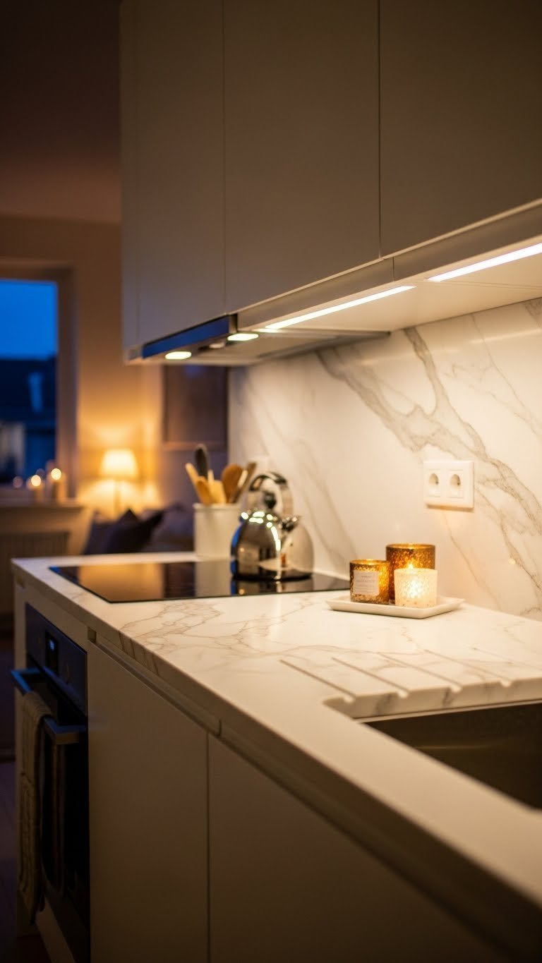 White marble countertop glowing under soft LED under-cabinet lighting creating warm ambiance with chrome kettle