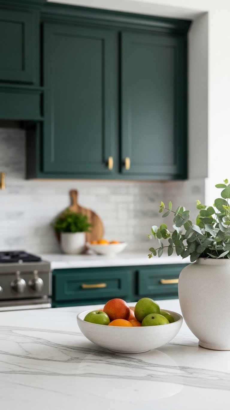 White marble countertops with dark emerald green cabinets and soft natural lighting in a luxury kitchen