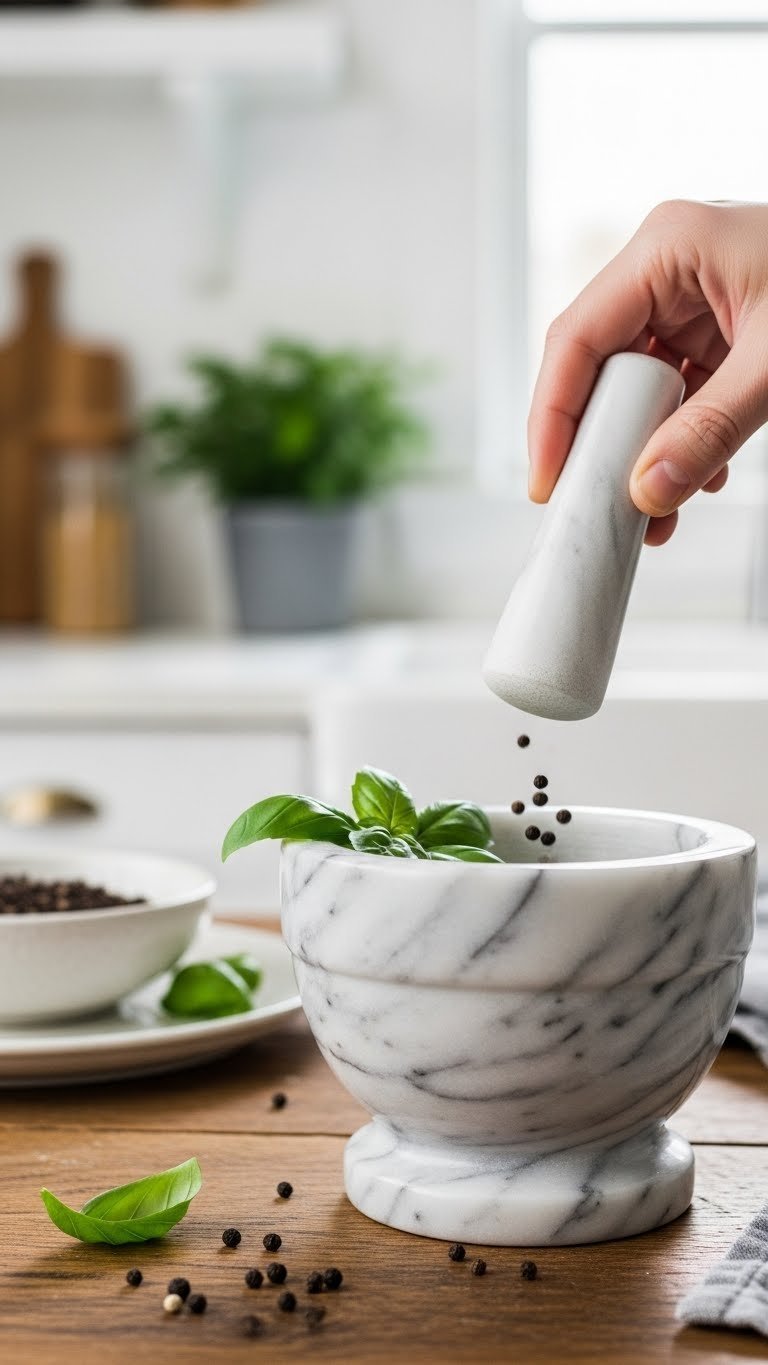 White marble mortar and pestle on wooden table with peppercorns and fresh basil leaves