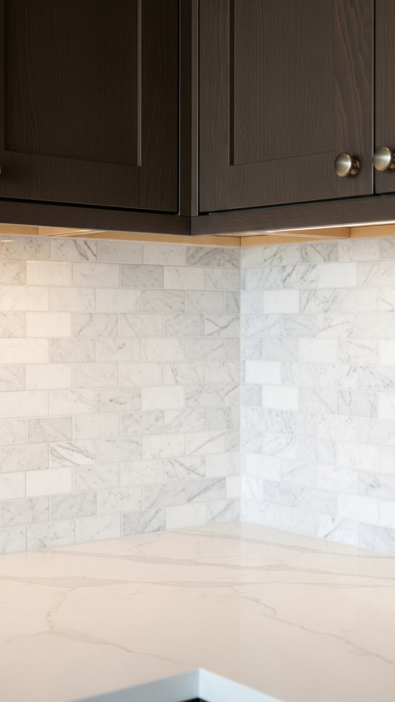 White marble mosaic backsplash meeting dark brown kitchen cabinets, showcasing elegant material contrast and under-cabinet lighting.