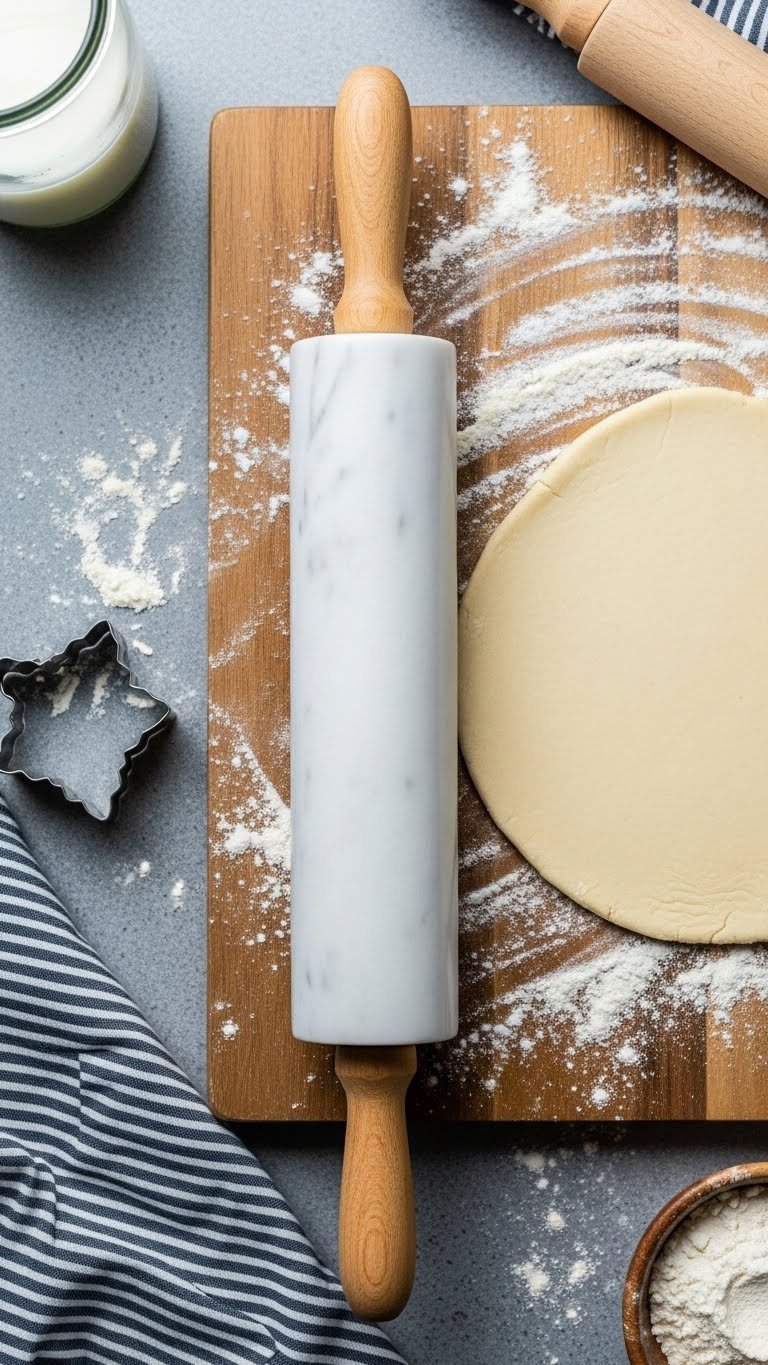 White marble rolling pin with wooden handles on floured pastry board with baking tools