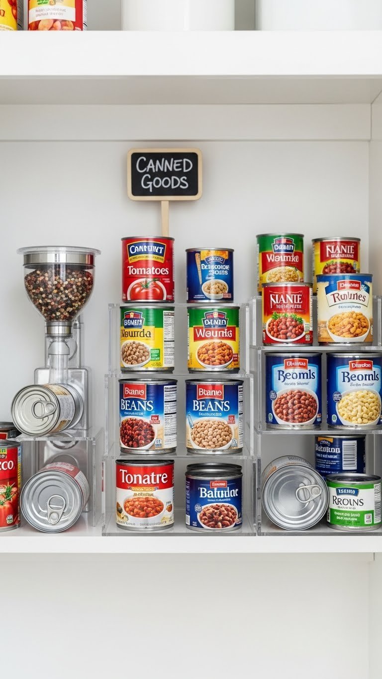 Pantry Organization: 7 Genius Ideas For Every Kitchen 5 White pantry shelf displays organized canned goods on clear acrylic tiered risers and a gravity-fed dispenser, ensuring easy access and visibility.