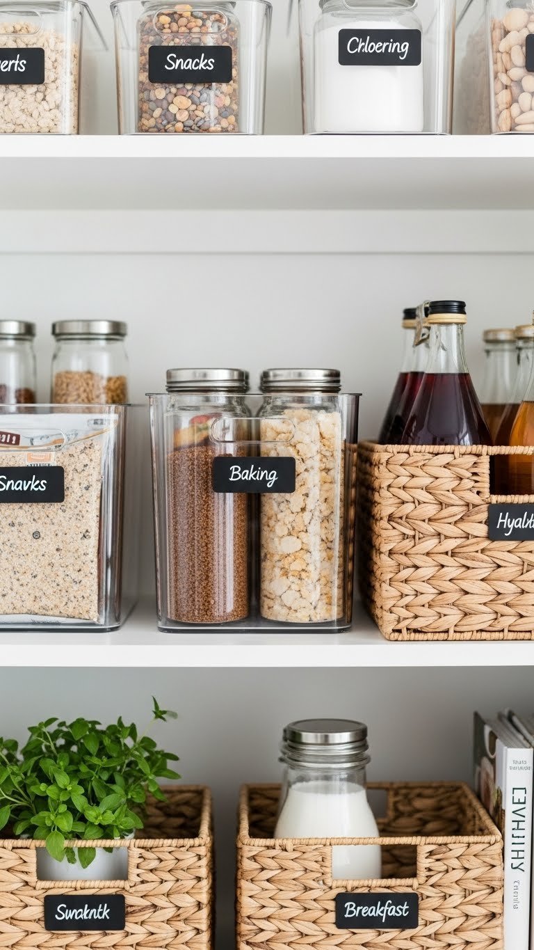 Pantry Organization: 7 Genius Ideas For Every Kitchen 7 White pantry shelf neatly organizes snacks, baking, and breakfast items in clear bins and natural woven baskets with elegant labels.