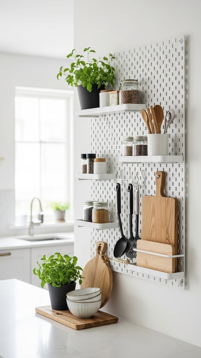 White pegboard organization system with hooks and shelves holding kitchen utensils and spices on minimalist wall