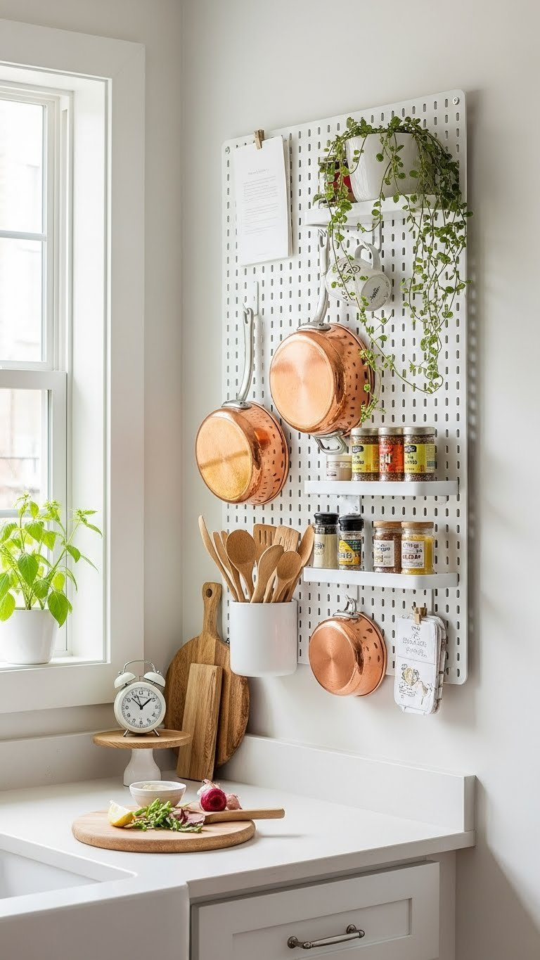 White pegboard wall with copper pots, cooking utensils, and hanging plant creating functional kitchen storage display