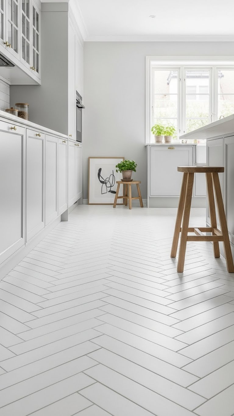 White porcelain herringbone tile floor in minimalist Scandinavian kitchen with wooden stools and natural light