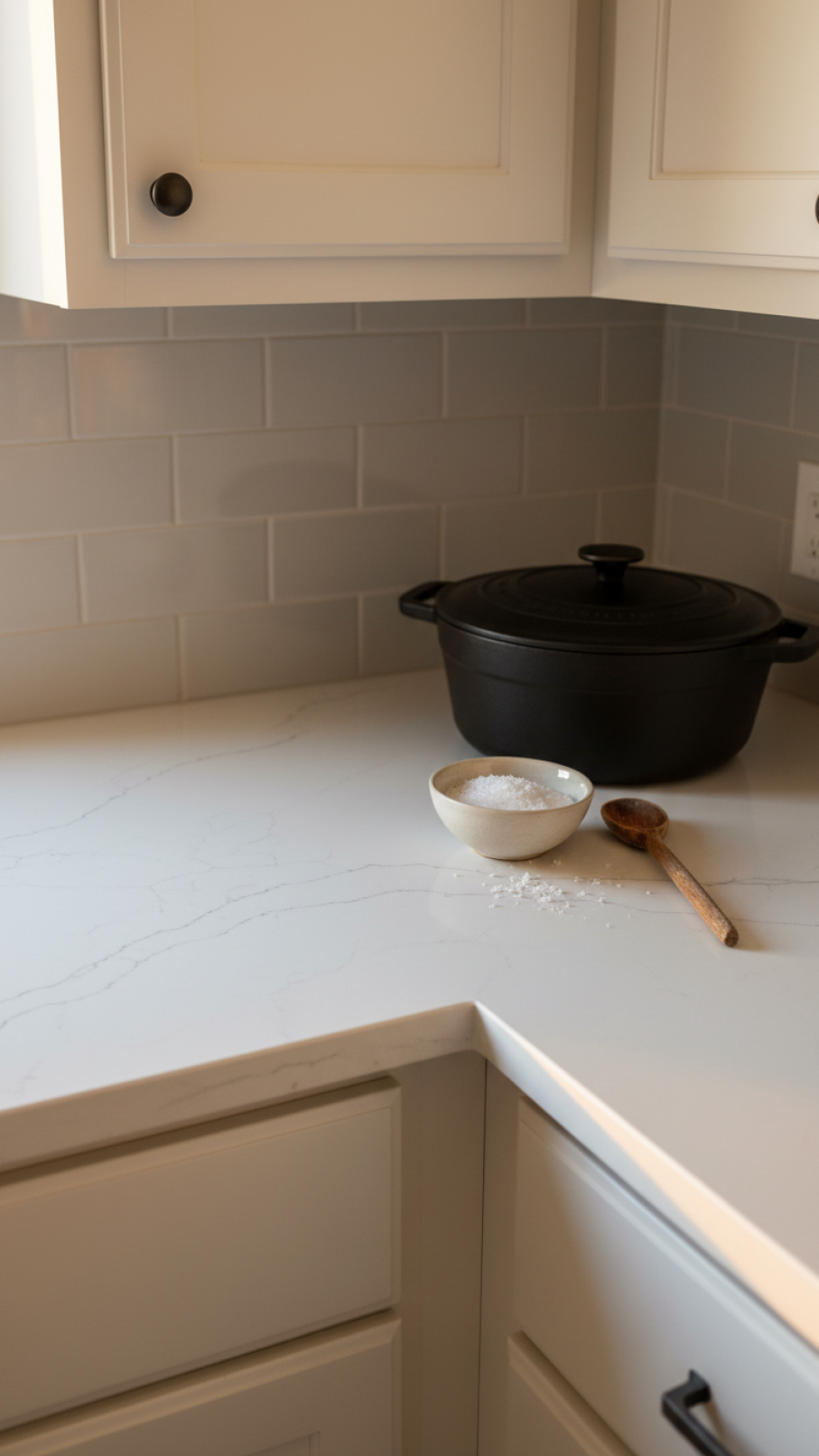 White quartz countertop with grey veining meets subway tile backsplash with black cast iron Dutch oven in corner