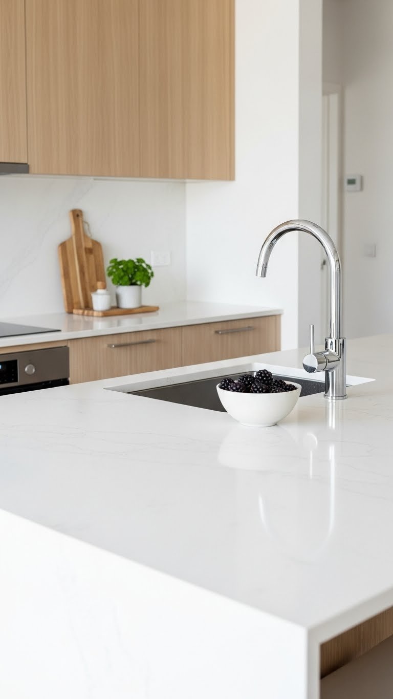 White quartz countertop with subtle veining, stainless steel faucet, and bowl of fresh berries in Scandinavian kitchen design