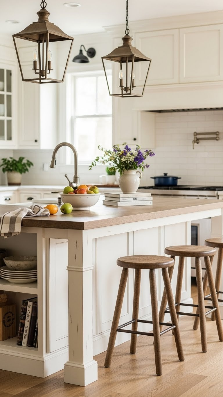 White rustic kitchen island with distressed wood base and bar stools featuring fresh fruit bowl
