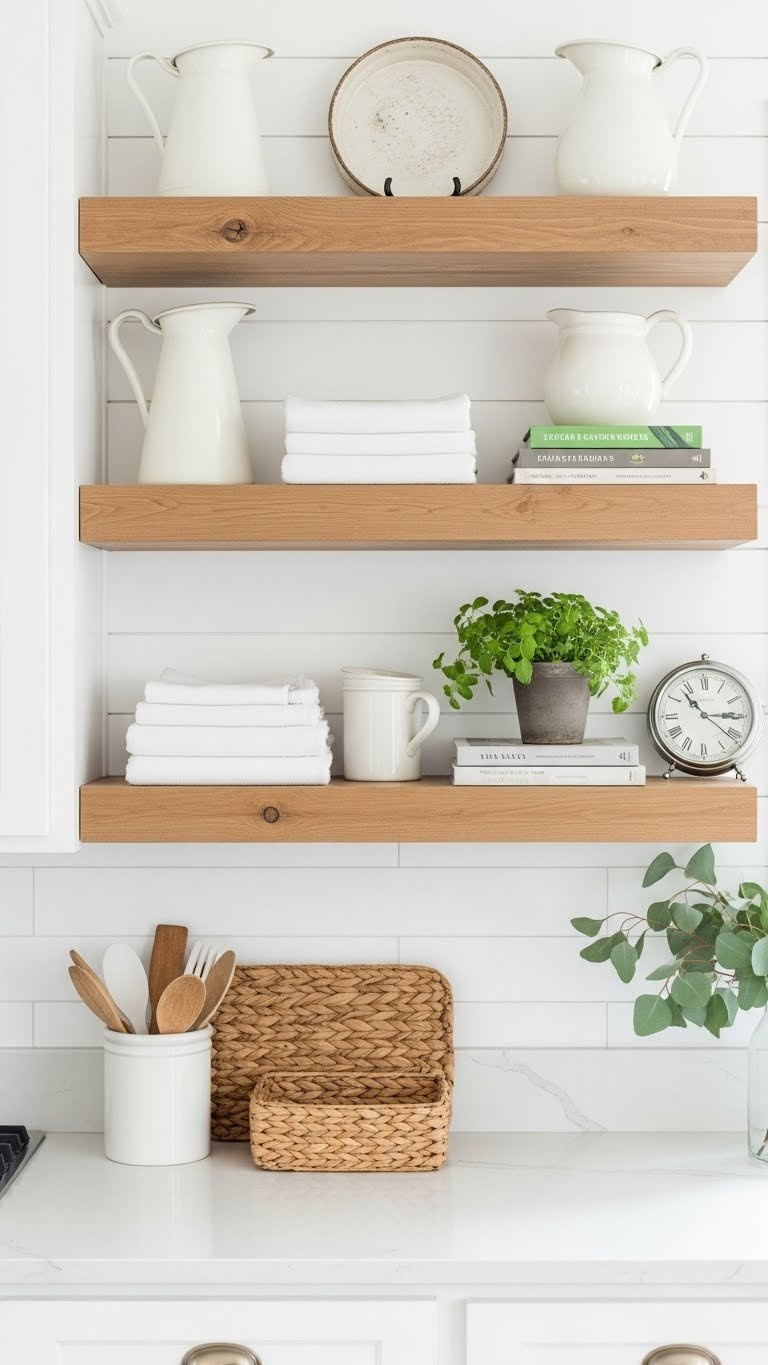 White rustic kitchen open shelving with natural wood shelves displaying ceramic pitchers and herbs