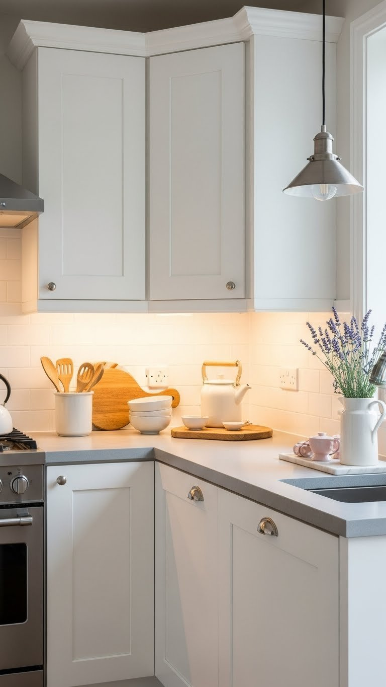 Small Kitchen Ideas: 7 Genius White Cabinet Looks To Warm Up Your Space 7 White shaker kitchen cabinets with under-cabinet lighting and industrial pendant light over concrete countertop with teapot