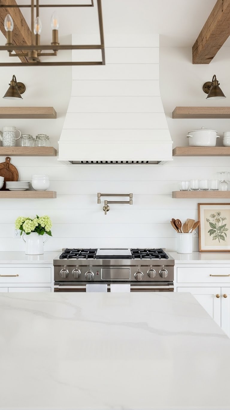 White shiplap backsplash paneling behind stainless steel range with ceramic vase in rustic farmhouse kitchen