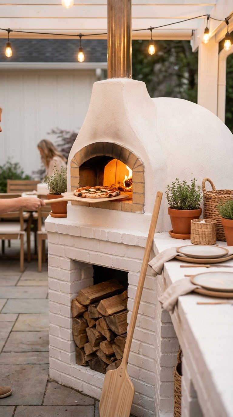 Outdoor Kitchen Modern Farmhouse 11 Stunning Design Ideas 13 White stucco dome pizza oven built into outdoor kitchen counter with freshly baked pizza