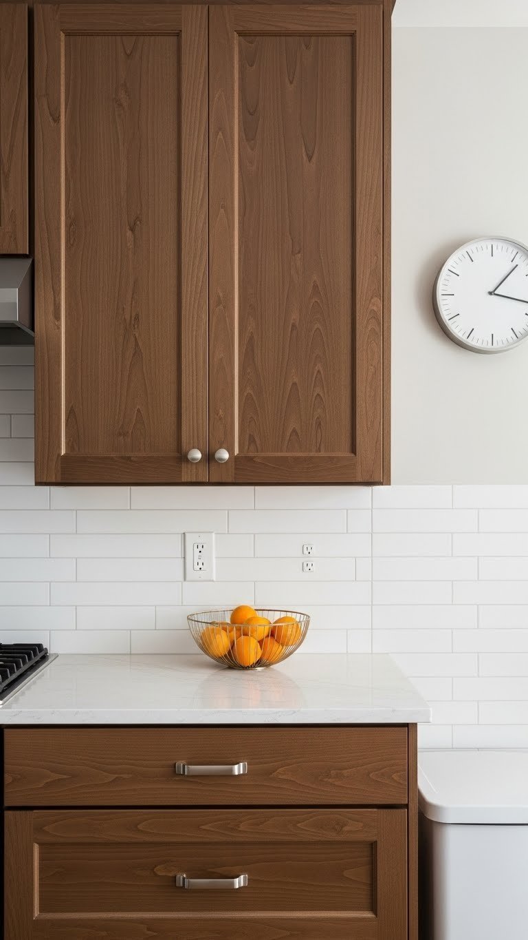 White subway tile backsplash extending from warm brown wooden cabinets creating vertical brightness element