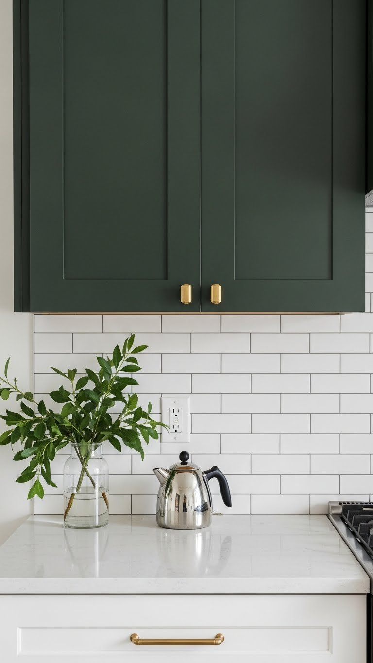 White subway tile backsplash with dark grout lines against deep forest green kitchen cabinets