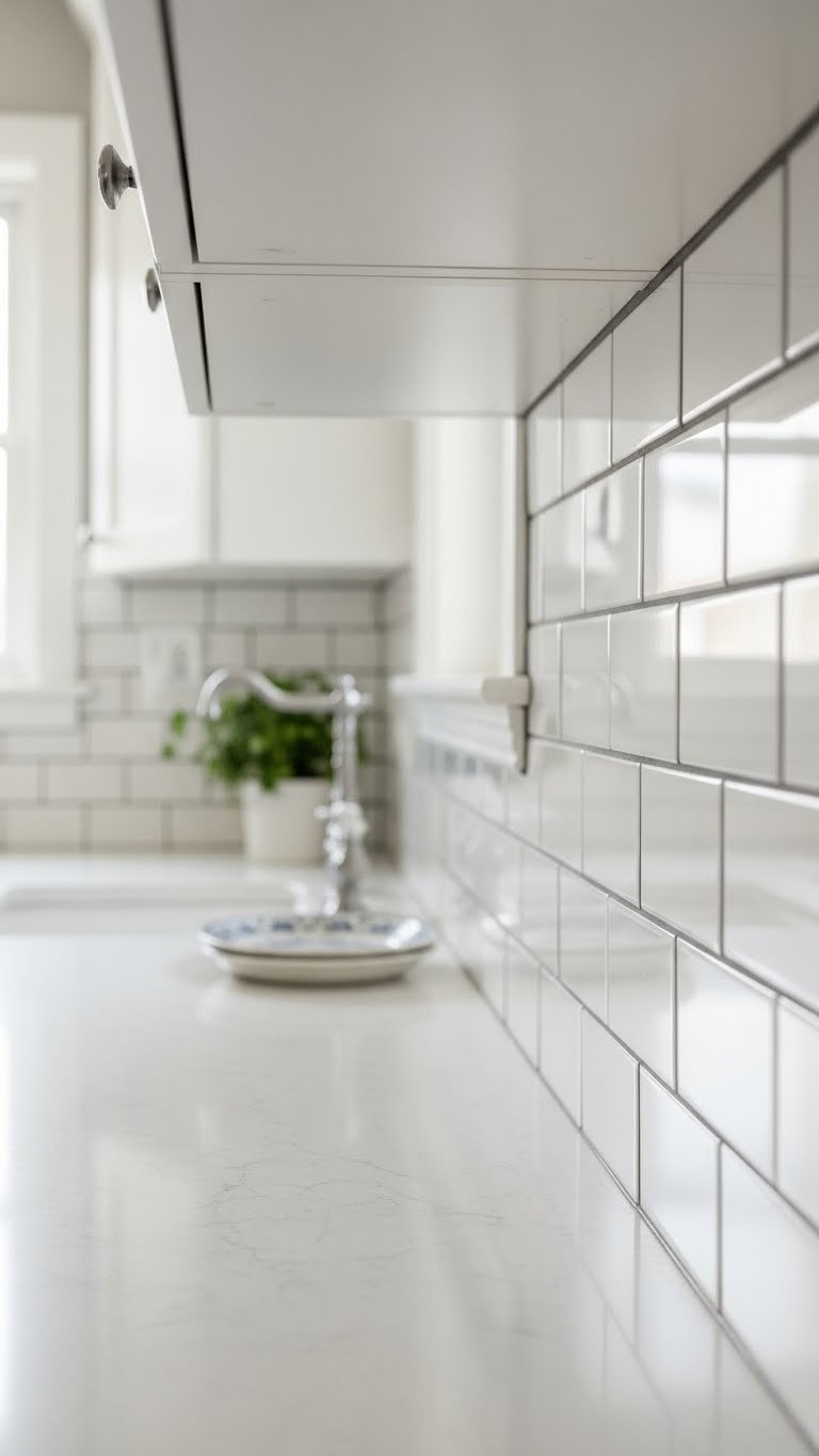 White subway tile backsplash with dark grout lines in bright 1920s kitchen with soft natural lighting