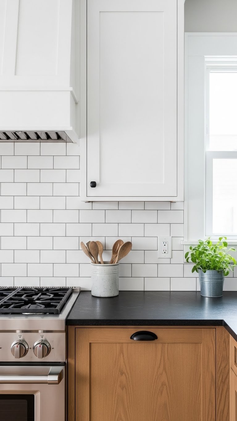 White subway tile backsplash with dark grout meeting sleek black countertop in rustic kitchen