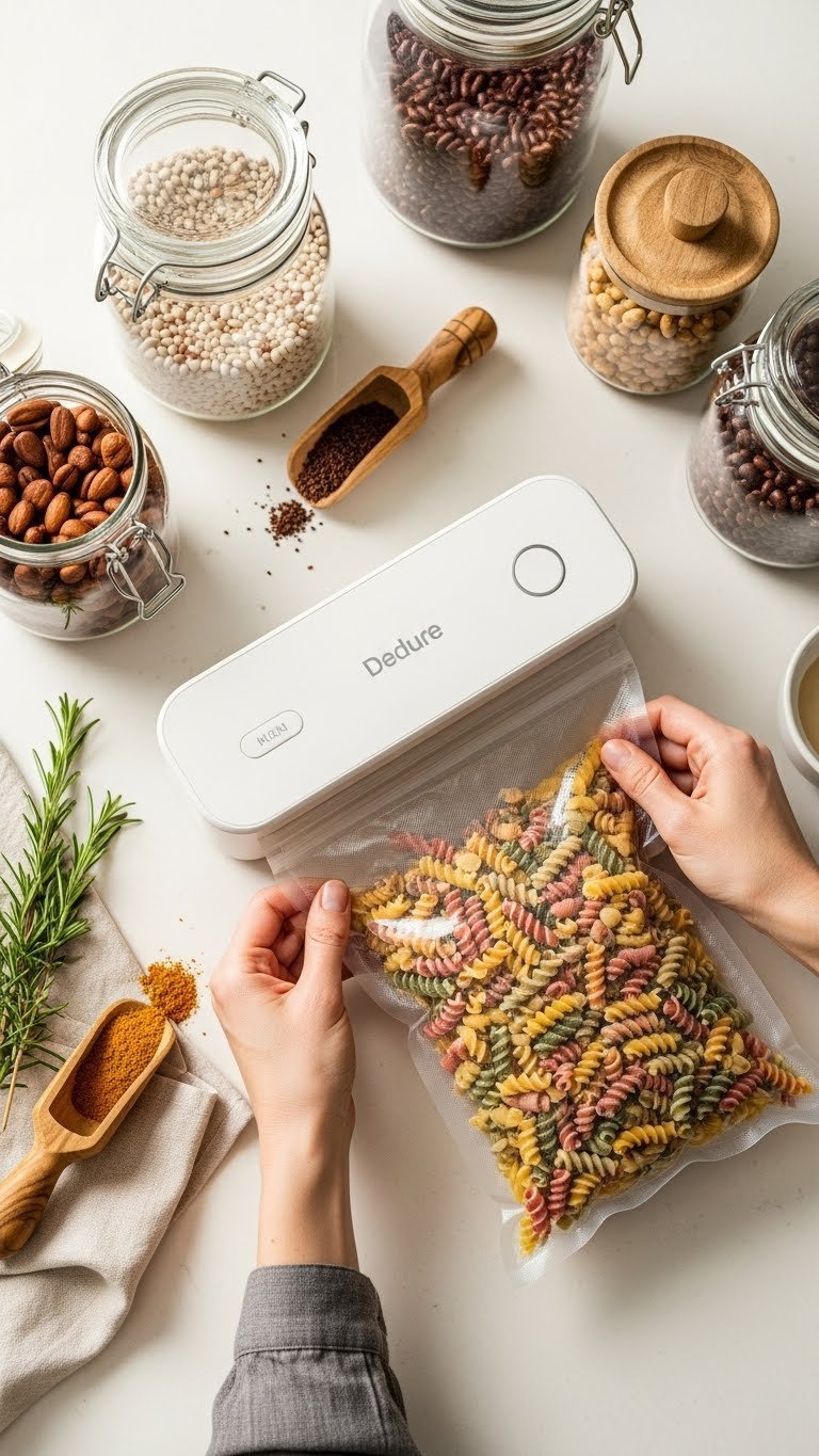 White vacuum sealer sealing dried pasta bag on butcher block with olive wood scoop and ingredients
