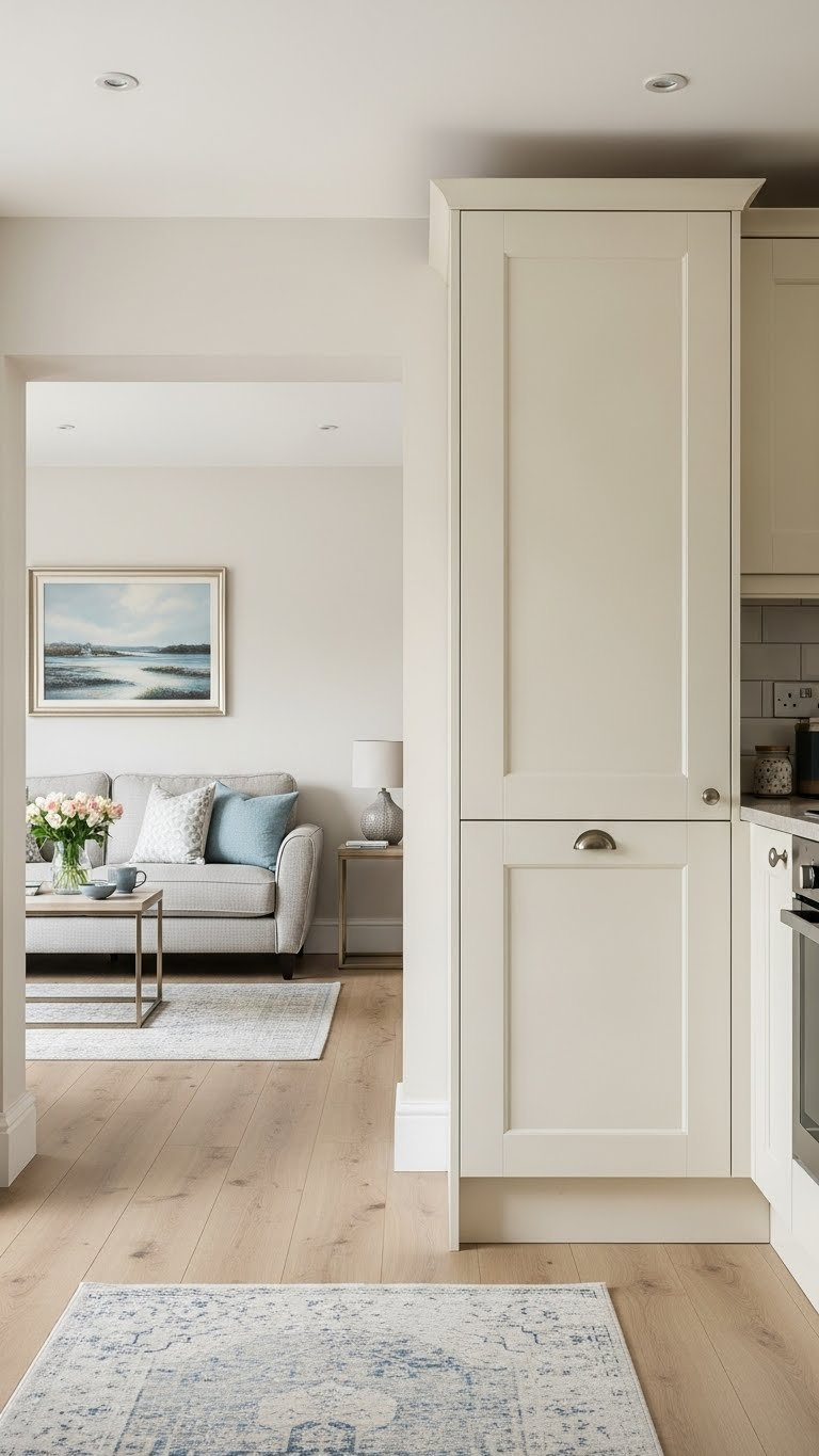 Wide-angle shot showing cream kitchen seamlessly flowing into open-plan living area with unified color scheme