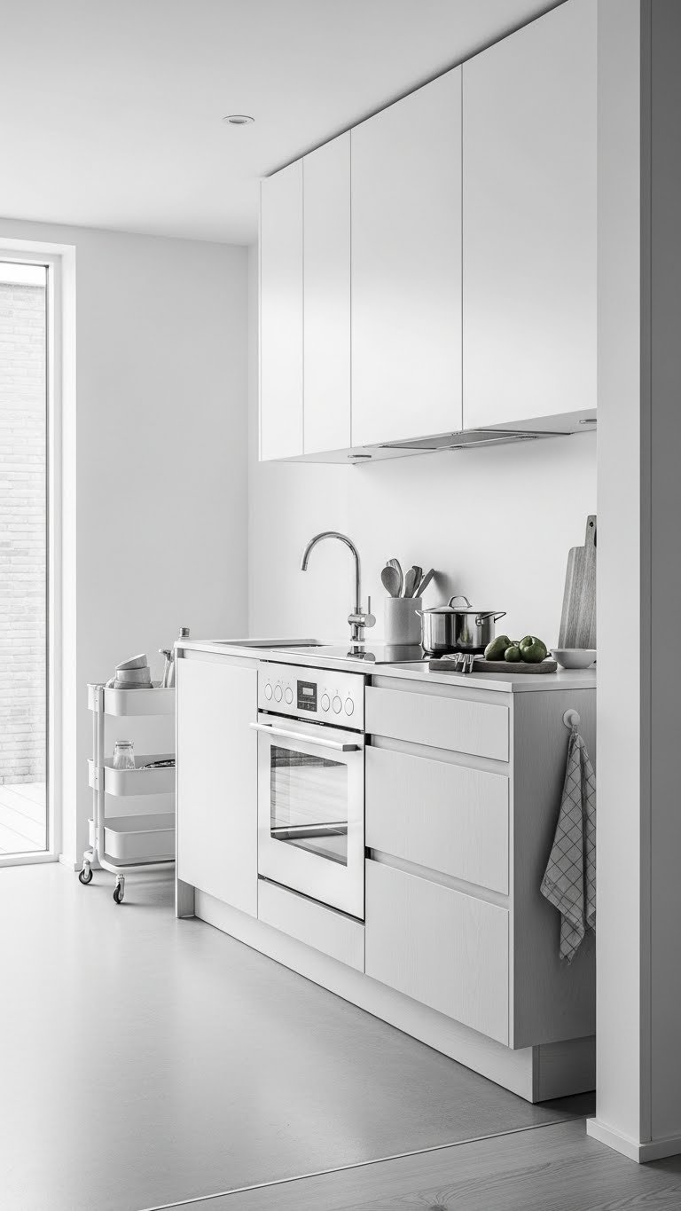 Wide-angle view of minimalist kitchen layout with functional zones and modular elements