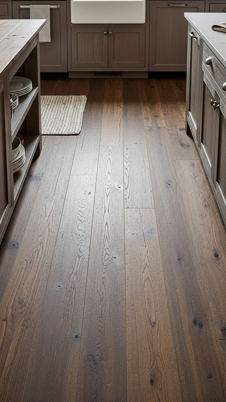 Wide-plank distressed hardwood flooring with braided rug in rustic U-shaped kitchen