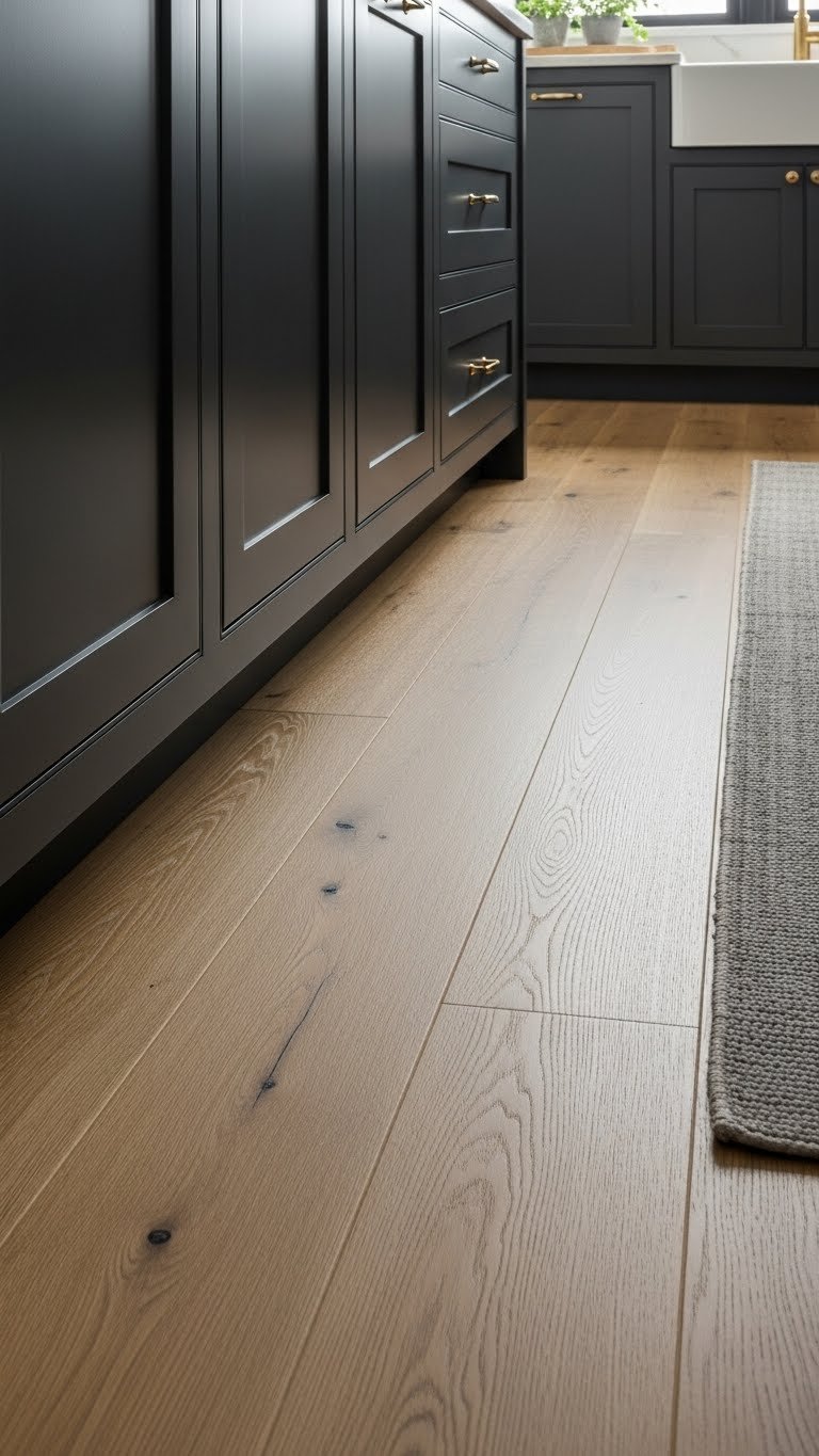 Wide-plank oak hardwood flooring extending from under dark kitchen cabinets, providing a bright, warm contrast.
