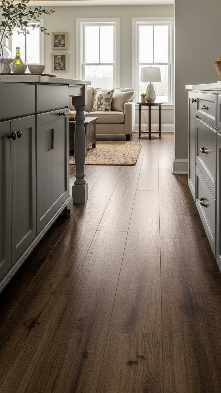 Wide shot showing continuous distressed wood flooring connecting rustic kitchen and living room with harmonious earthy color scheme