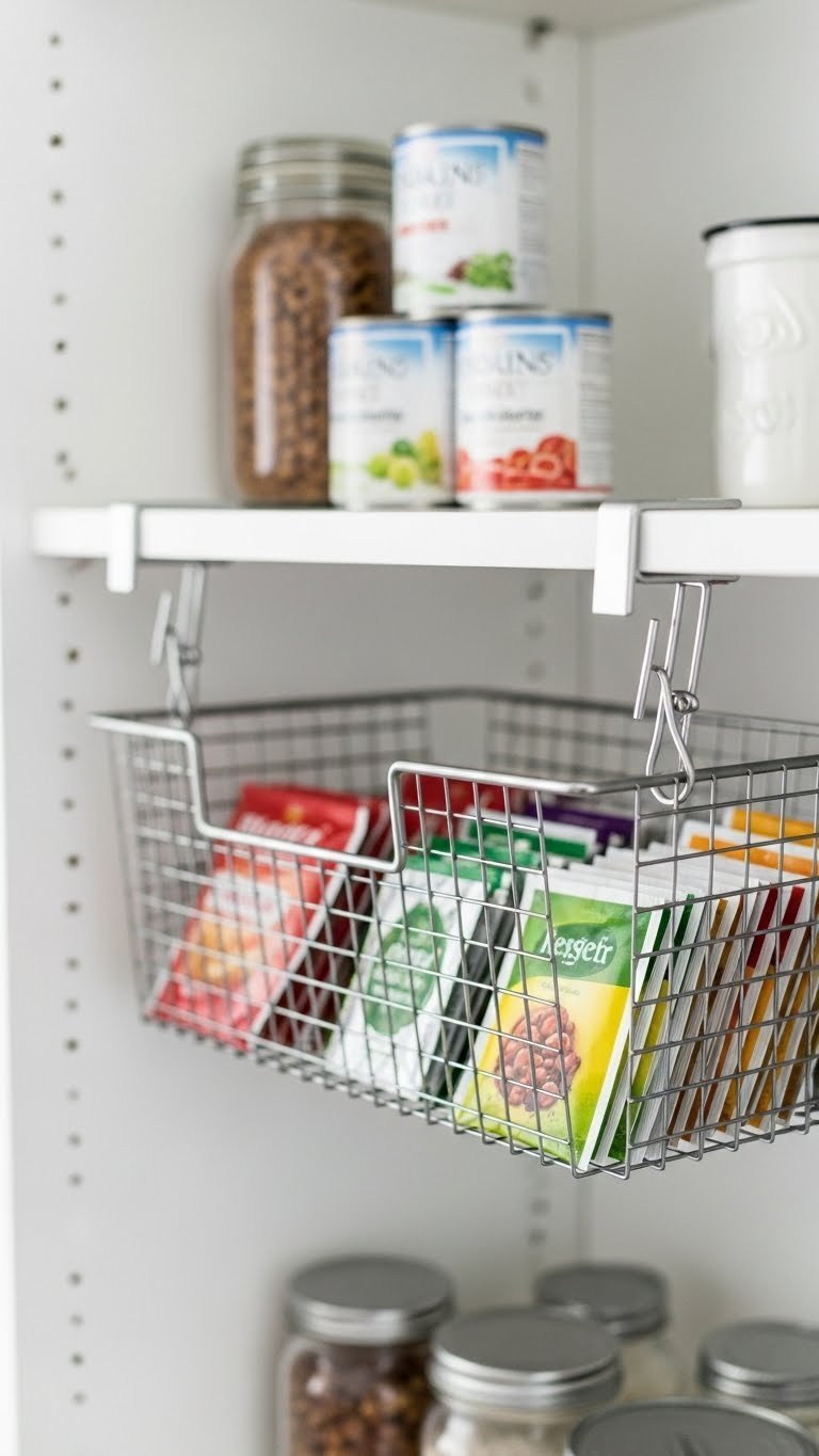 Wire under-shelf basket clipped beneath white pantry shelf filled with neatly arranged snack items and tea bags