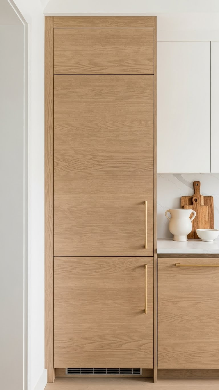 Wood cabinets with horizontal grain pattern extending visual width in modern small kitchen with minimalist design elements.