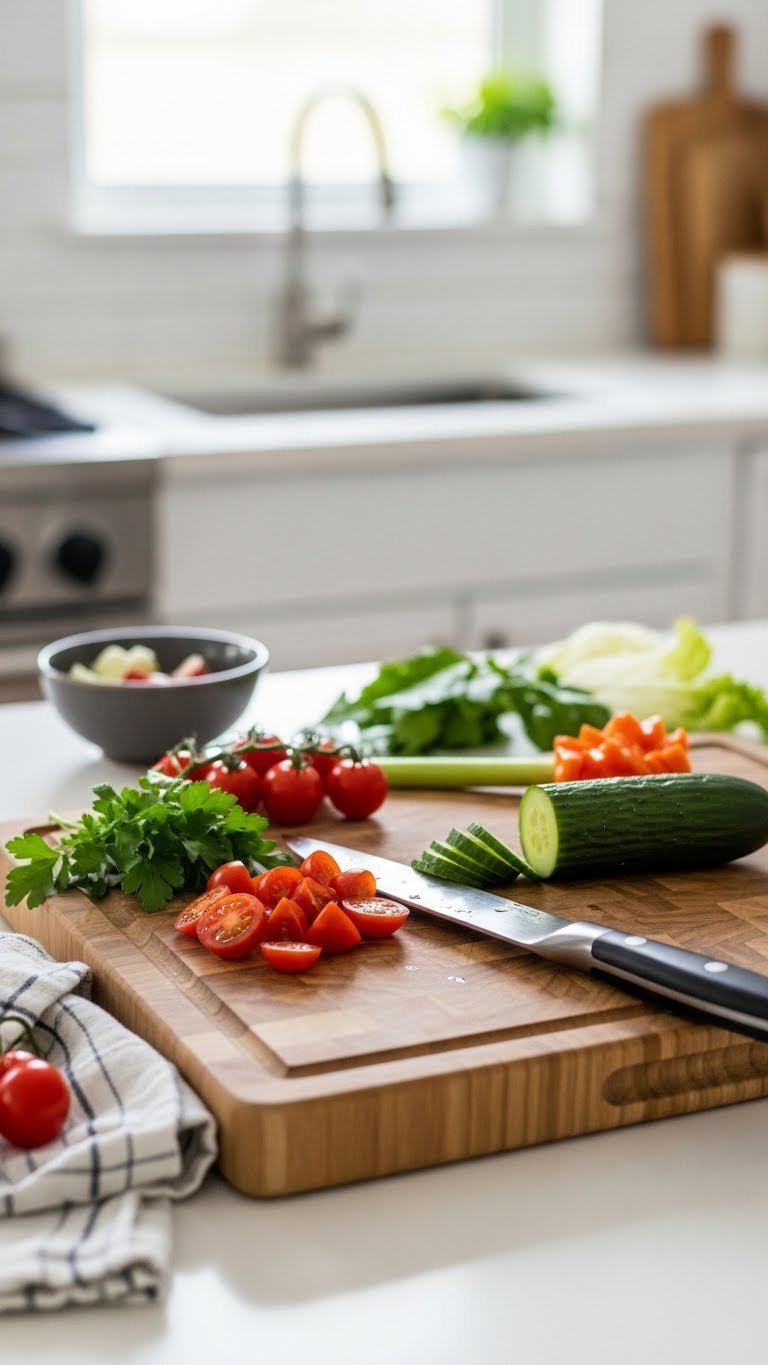 Wooden cutting board with freshly chopped colorful vegetables and chef's knife resting nearby