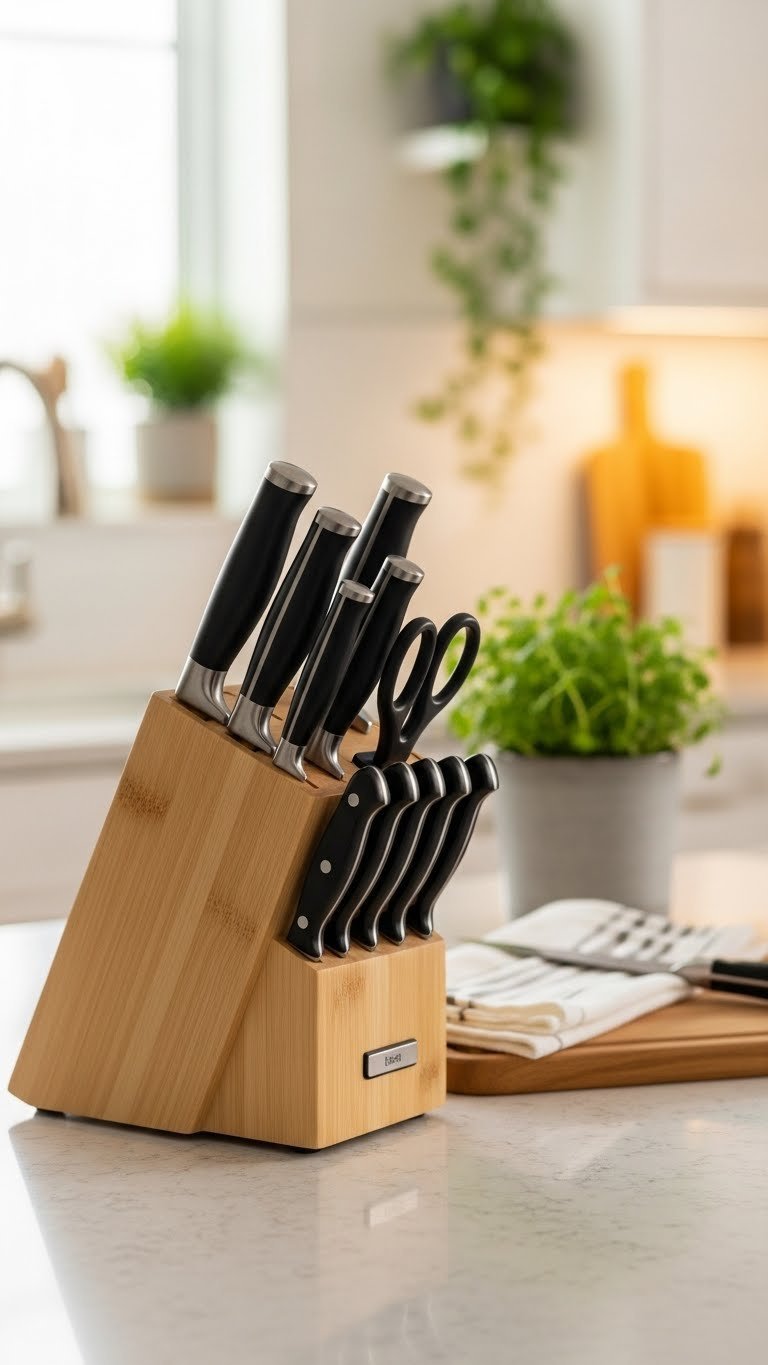 Wooden magnetic knife block holding professional chef knives on quartz counter