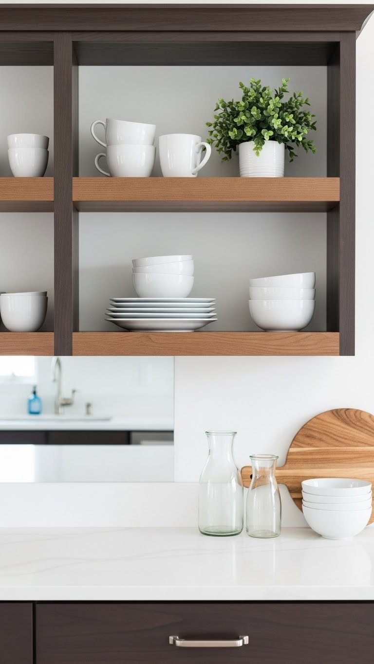 Wooden open shelving above dark brown kitchen cabinets displaying white ceramic dishes and green plant