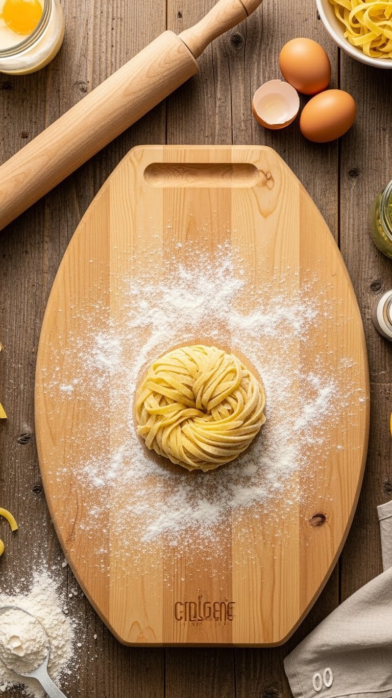 Wooden pasta board with fresh dough, rolling pin, and flour for Italian pasta making
