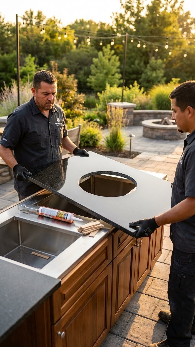 Outdoor Kitchen With Green Egg Design Build Cost Guide 9 Workers installing polished black granite countertop with Big Green Egg cutout onto outdoor kitchen steel frame