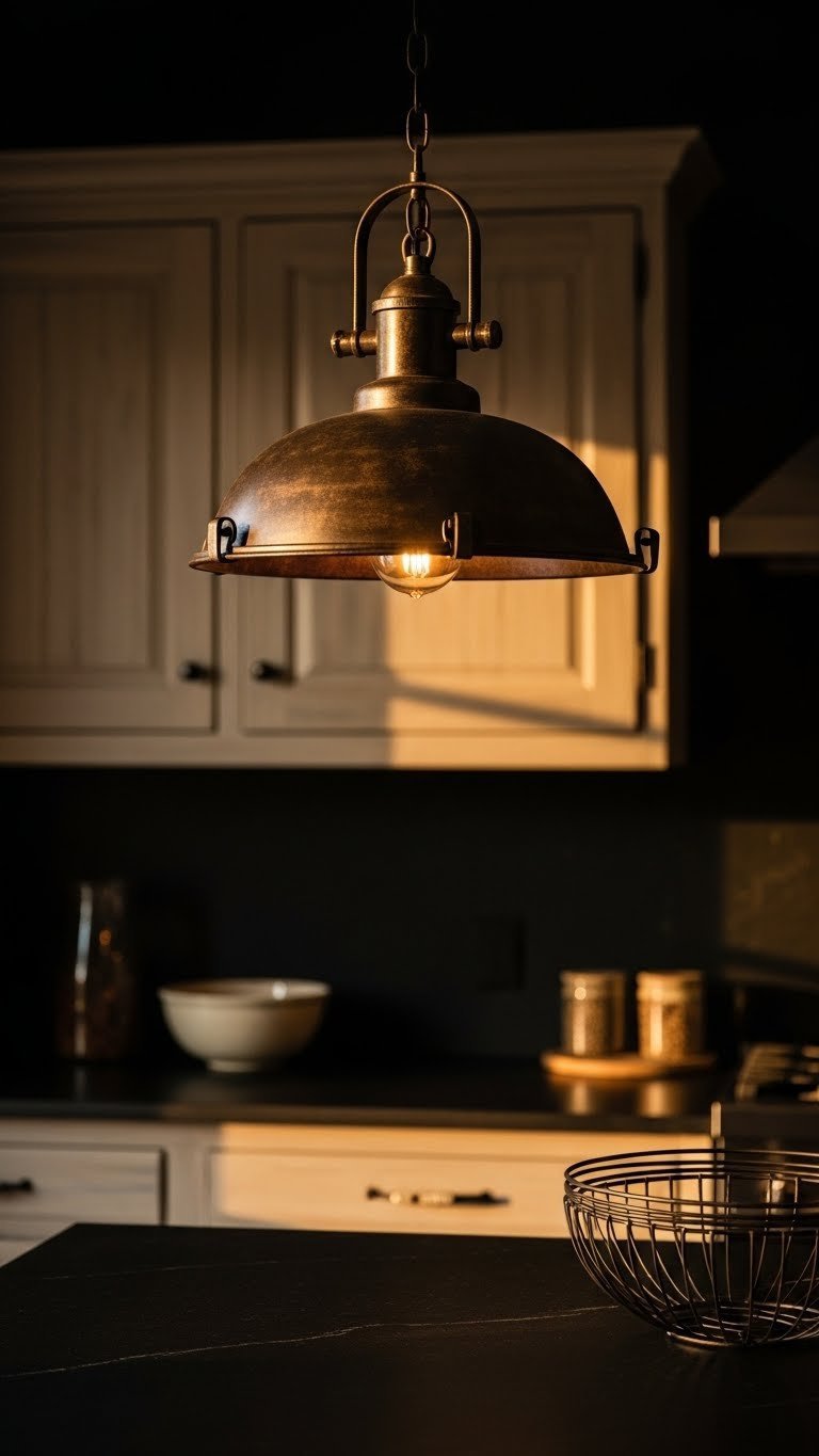 Wrought iron industrial pendant light casting warm glow above black countertop in rustic kitchen