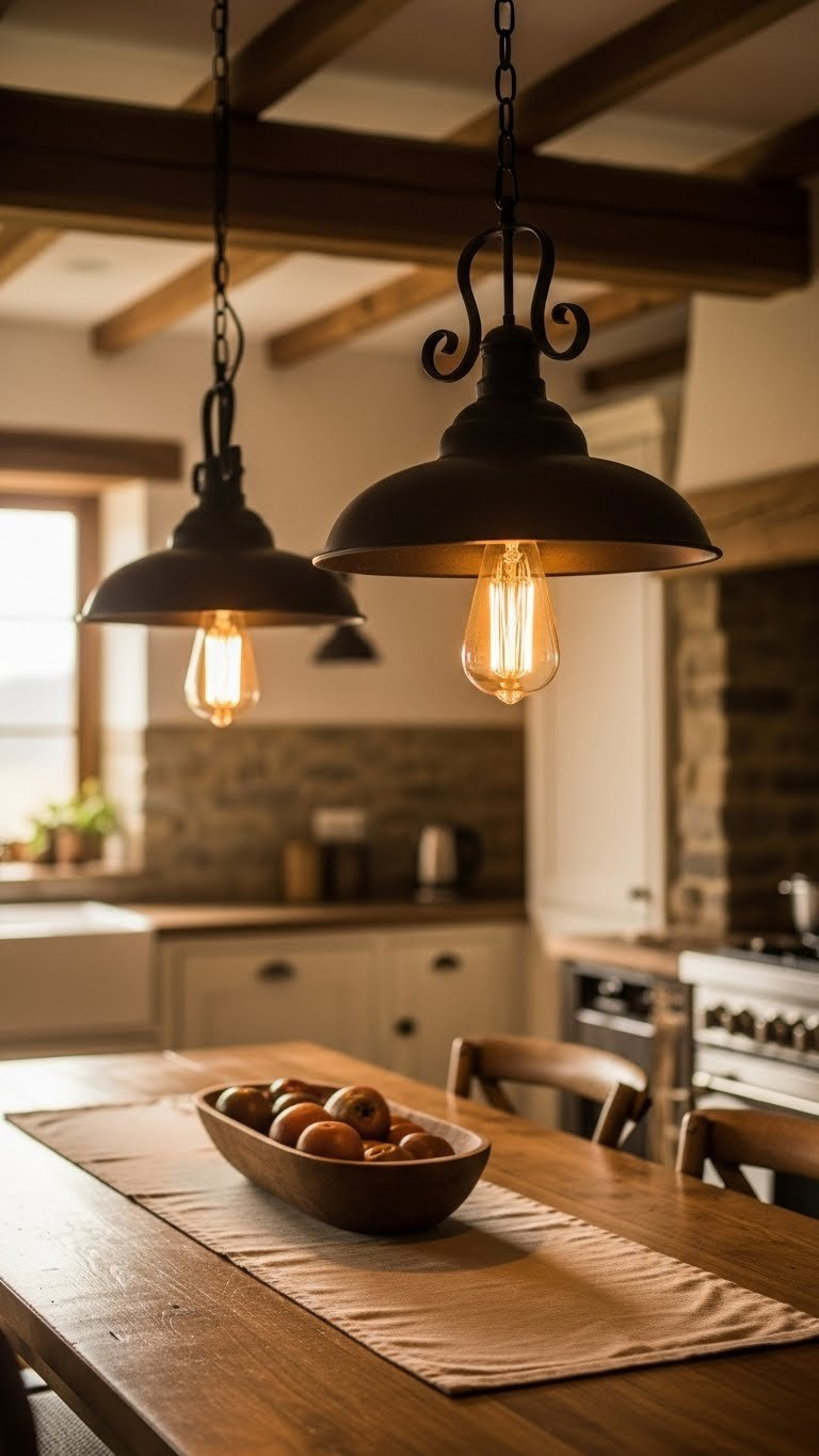 Wrought iron pendant lights with Edison bulbs hanging over rustic wooden kitchen island