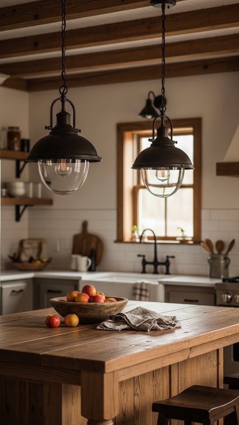 Wrought iron pendant lights with clear glass shades hanging over wooden kitchen island in rustic farmhouse kitchen