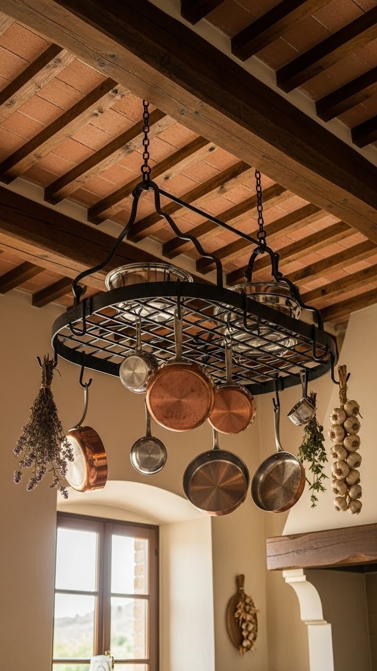 10 Unique Tuscan Kitchen Gadgets To Elevate Your Rustic Cooking 9 Wrought iron pot rack hanging from wooden ceiling beam with copper pots in Tuscan kitchen setting