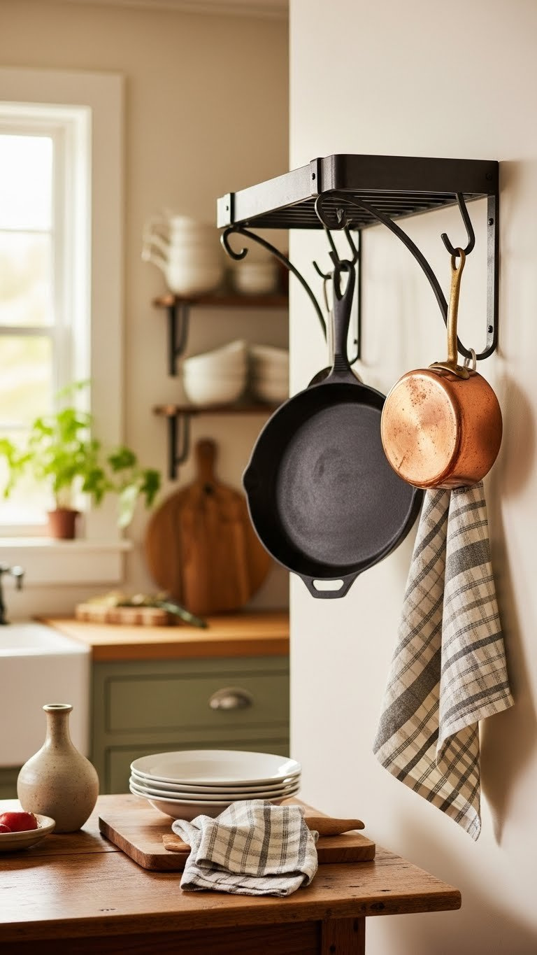Small Rustic Kitchen: 9 Diy &Amp; Budget-Friendly Ideas 13 Wrought iron pot rack holding cast iron skillets and copper saucepan above butcher block