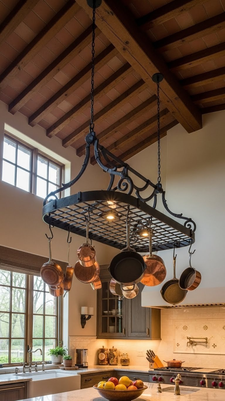 Wrought iron pot rack with copper pans hanging from wood-beamed ceiling in Tuscan kitchen
