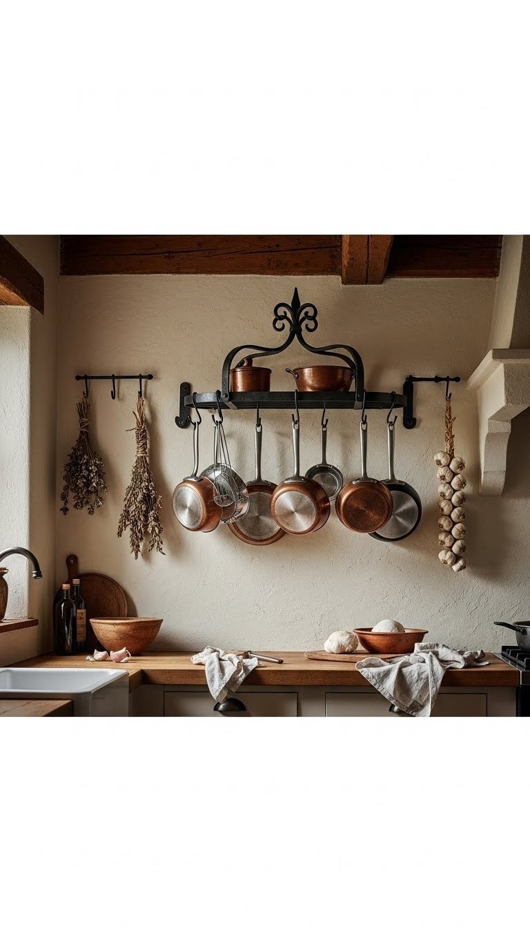 Wrought iron pot rack with copper pans on plaster wall in rustic kitchen with dried herbs.