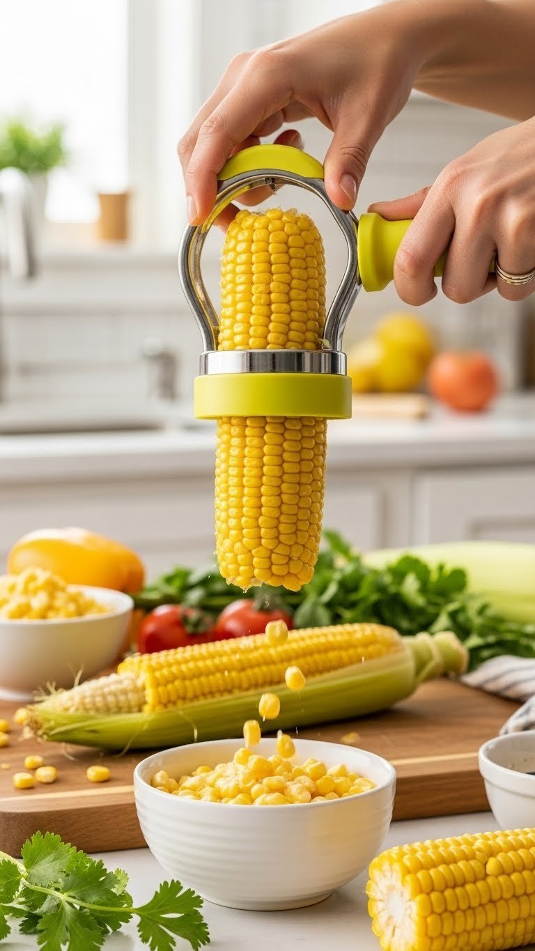 Yellow corn stripper removing kernels from cob with golden pieces falling into bowl on wooden board